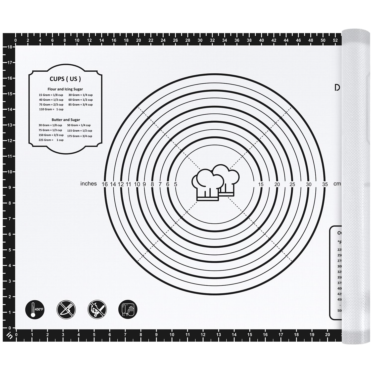 Dania & Dean pastry mat 28x20 unrolled on counter with clear measurements for precise prep