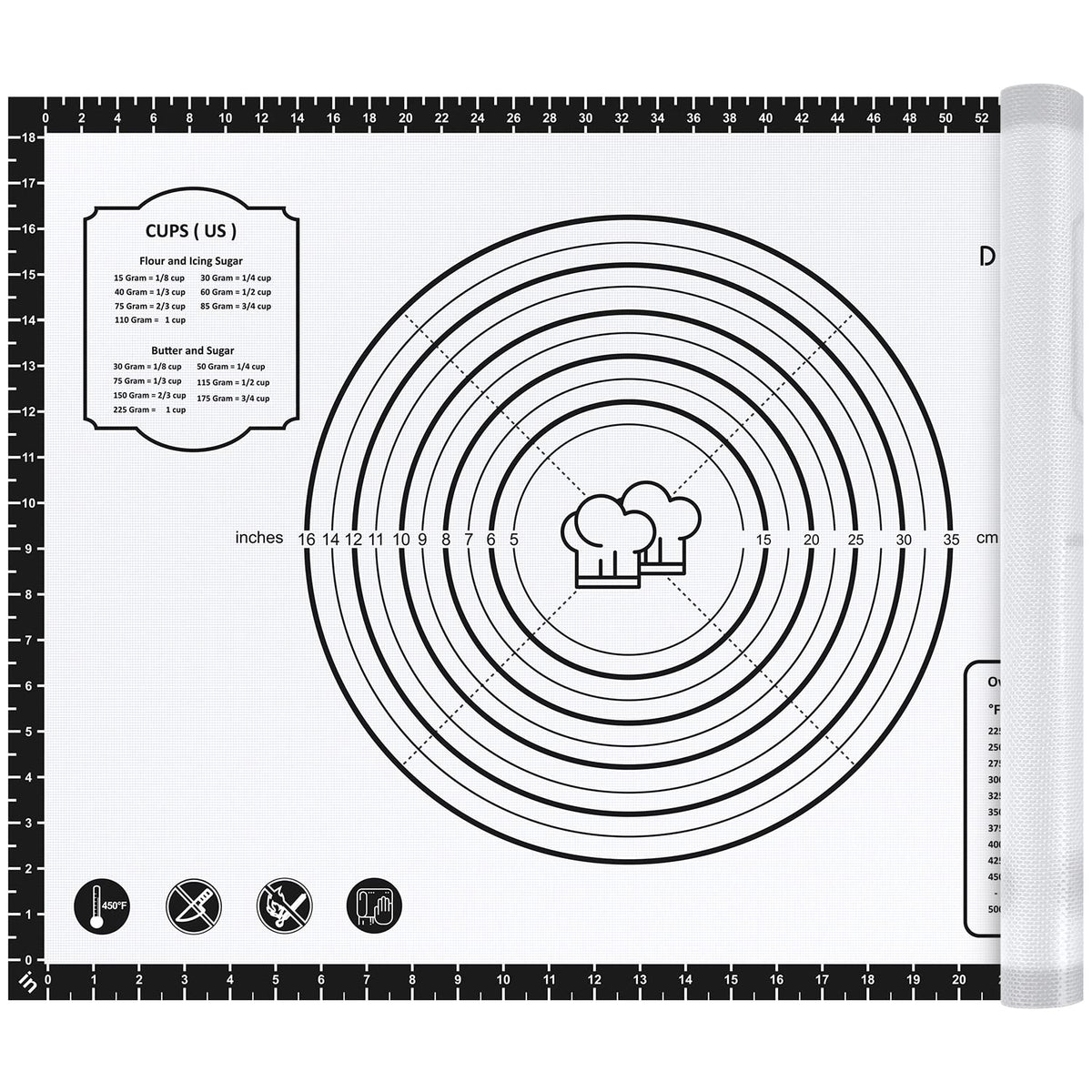 Dania & Dean pastry mat 28x20 unrolled on counter with clear measurements for precise prep