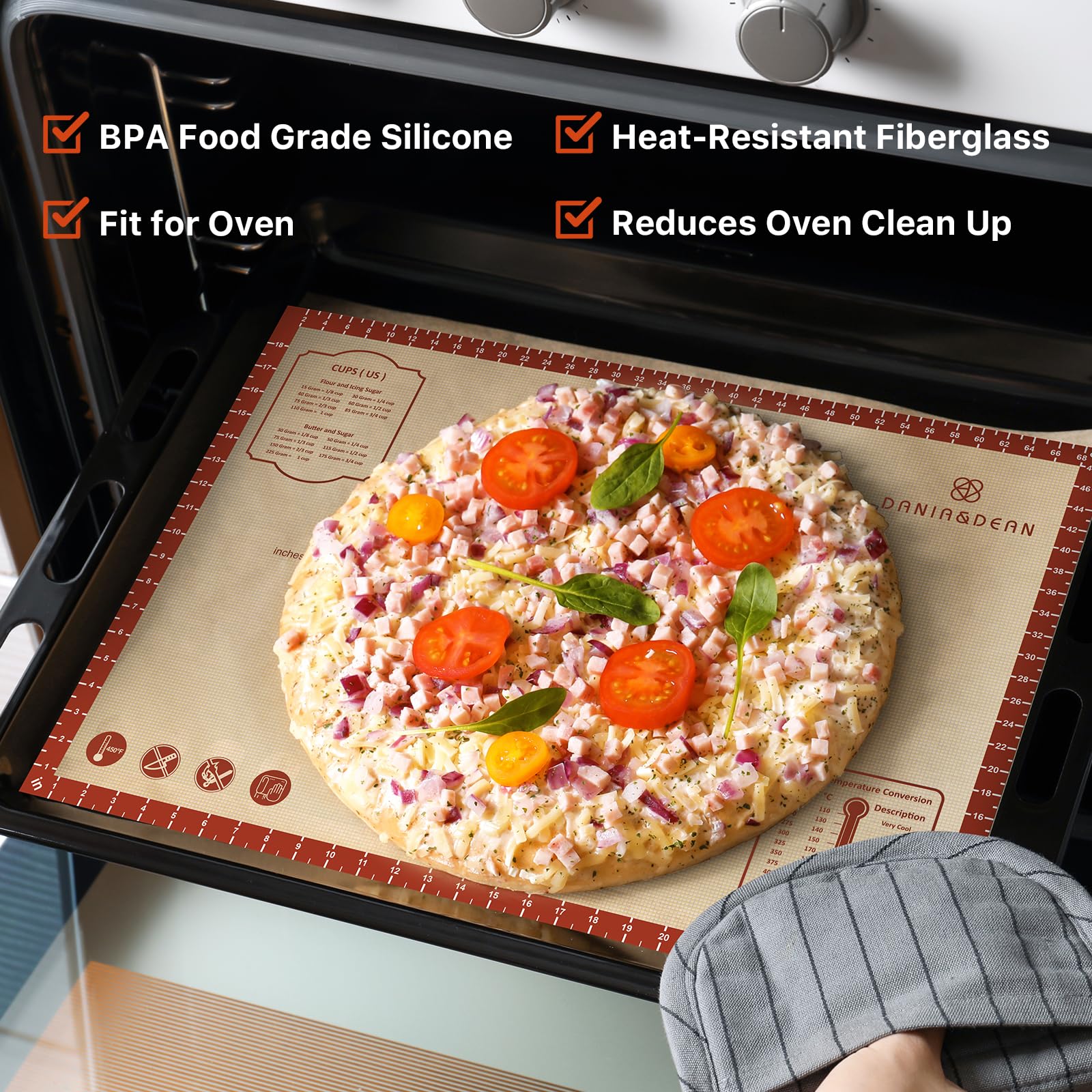 Dania and Dean non-stick surface aids clean release of baked goods.
