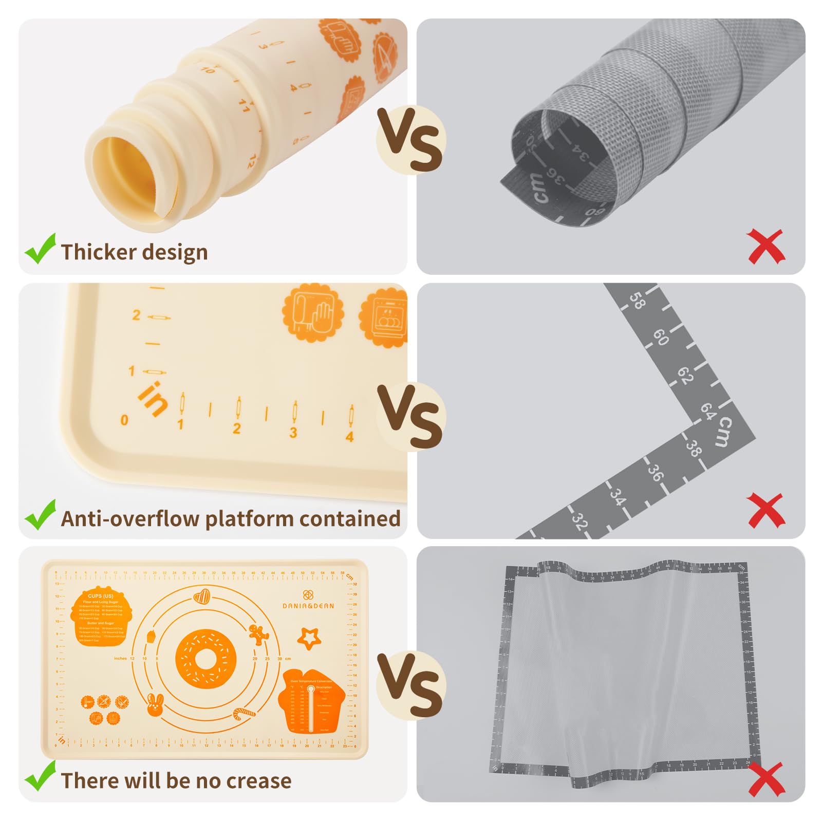 DANIA & DEAN silicone baking mat non-stick surface for cleaner dough handling.