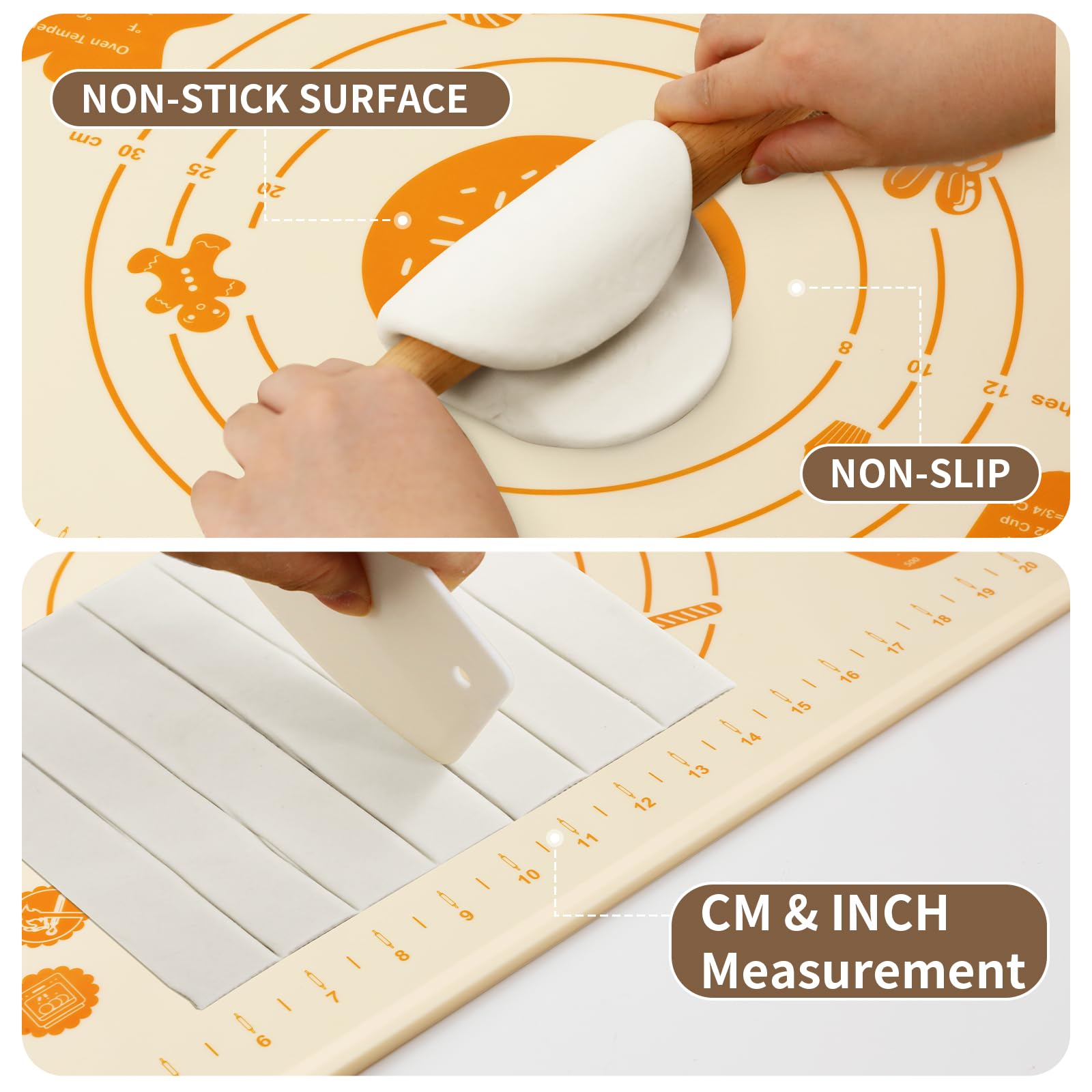 DANIA & DEAN silicone baking mat raised edge contains spills during rolling.