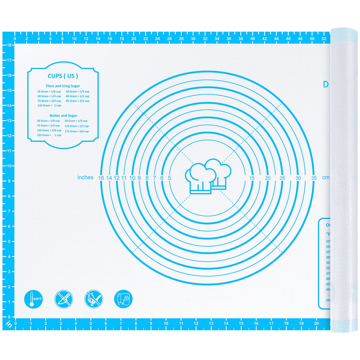 DANIA & DEAN silicone pastry mat with measurement grid for precise dough rolling.