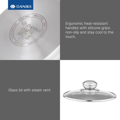 Daniks heat-resistant glass lid with steam vent improves visibility.