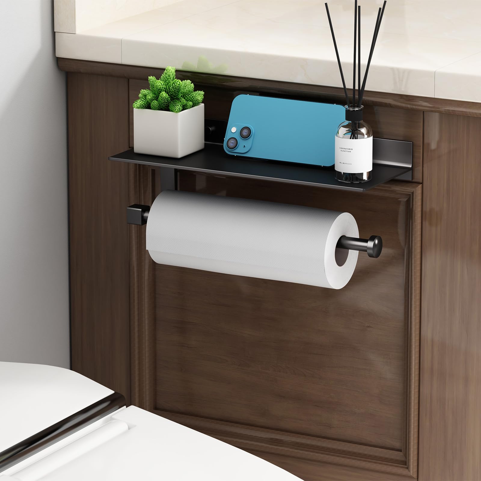 Shelf holds towels, wipes, decor, or devices for quick access.