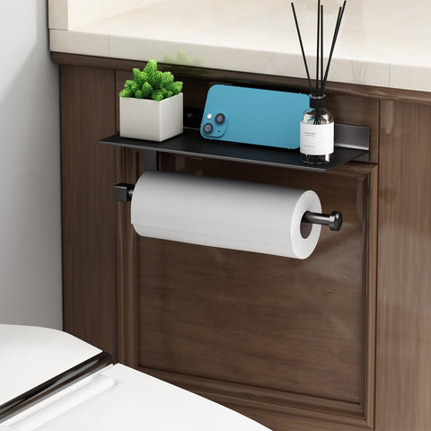 Shelf holds towels, wipes, decor, or devices for quick access.