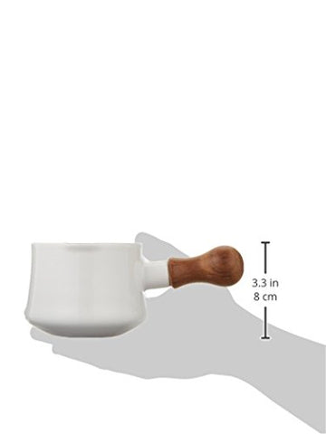 Ergonomic teak handle on Dansk Kobenstyle white butter warmer for safe lifting