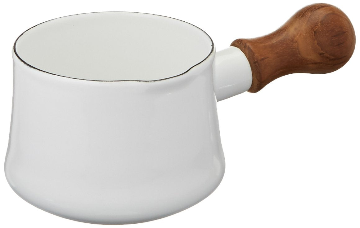Dansk Kobenstyle white butter warmer with teak handle for comfortable, steady heat