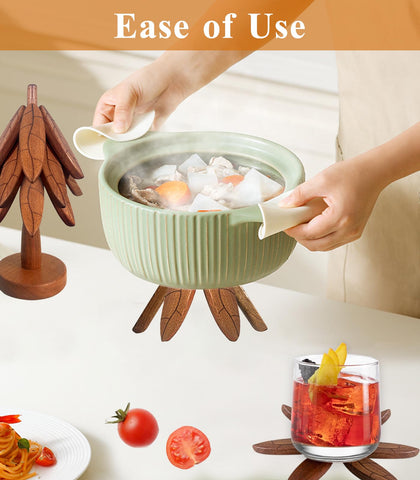 DAOLEMIJI tree trivet stand-storage keeps trivets organized after cooking tasks.