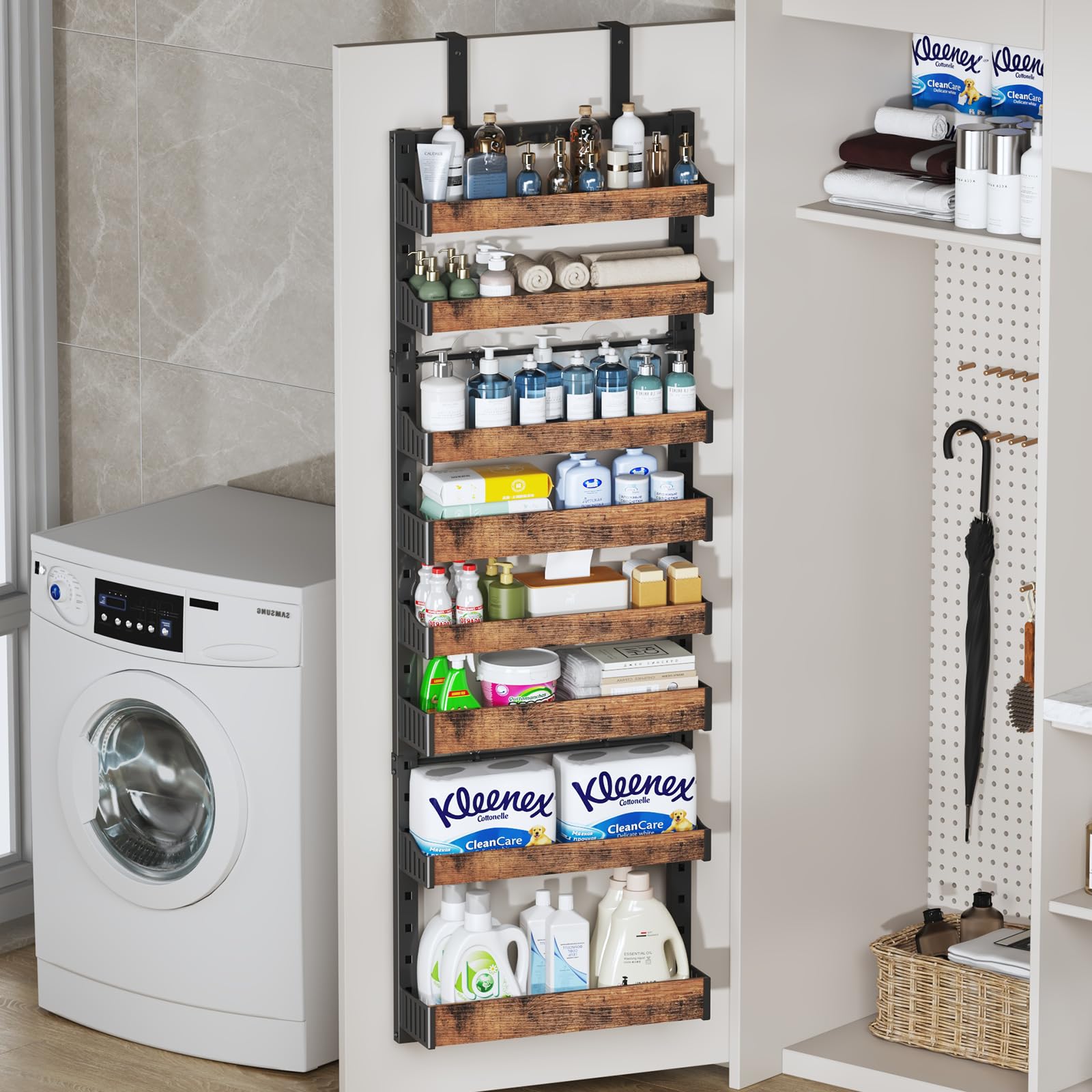Versatile pantry, kitchen and bathroom storage behind doors.