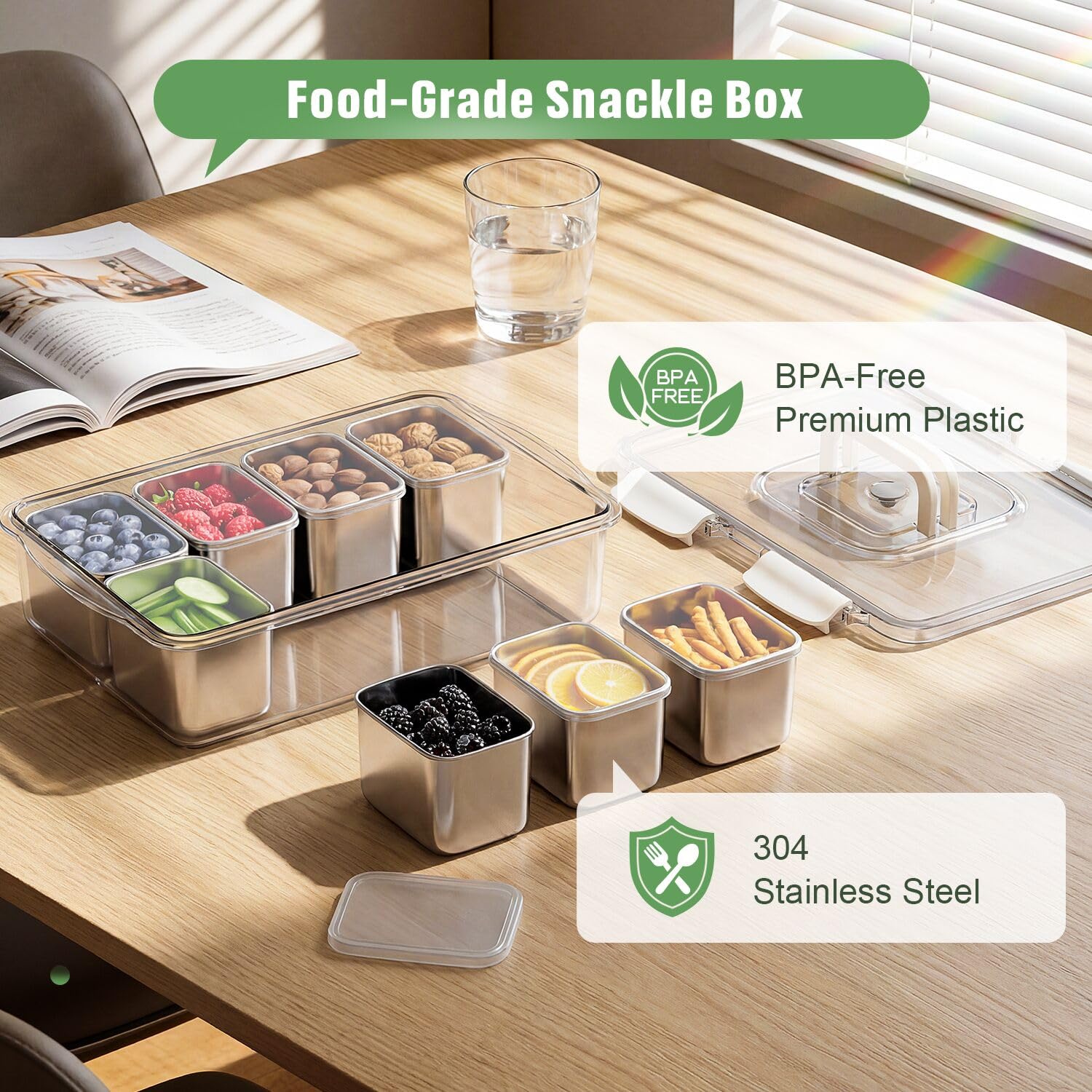 DAOTENGQL Snackle Box stainless steel dividers keep flavors separate.