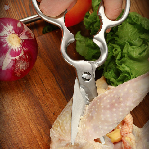 Dark Edge kitchen scissors with open blades for heavy-duty cuts.