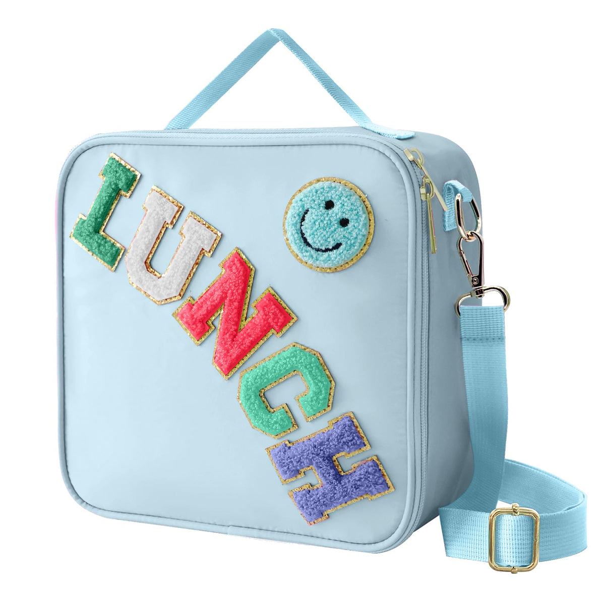 Dark Swan insulated lunch bag blue front view with smiley design, easy to carry