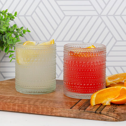 Close-up of beaded hobnail detail on clear Darware glasses, adds vintage elegance to table