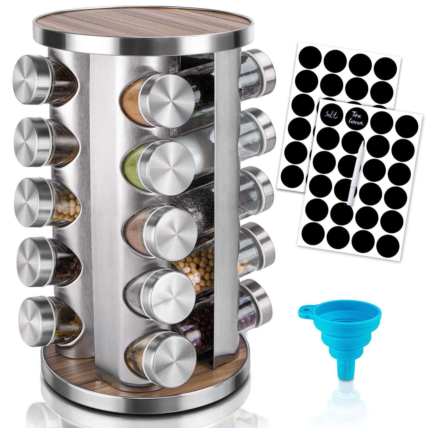 Dasaka rotating spice rack on a counter with 20 jars for quick access.