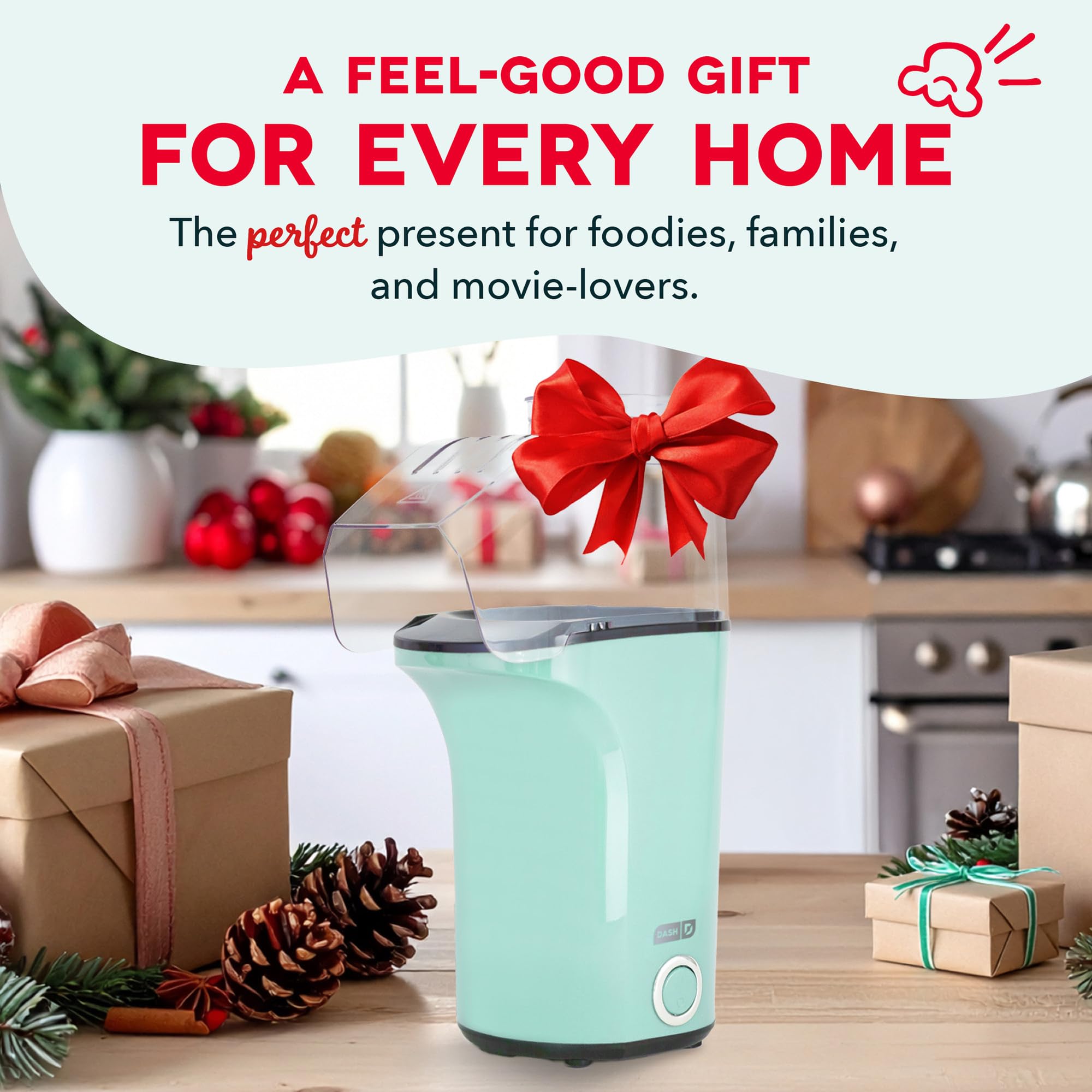 DASH Fresh Pop popcorn maker on kitchen counter ready to use.