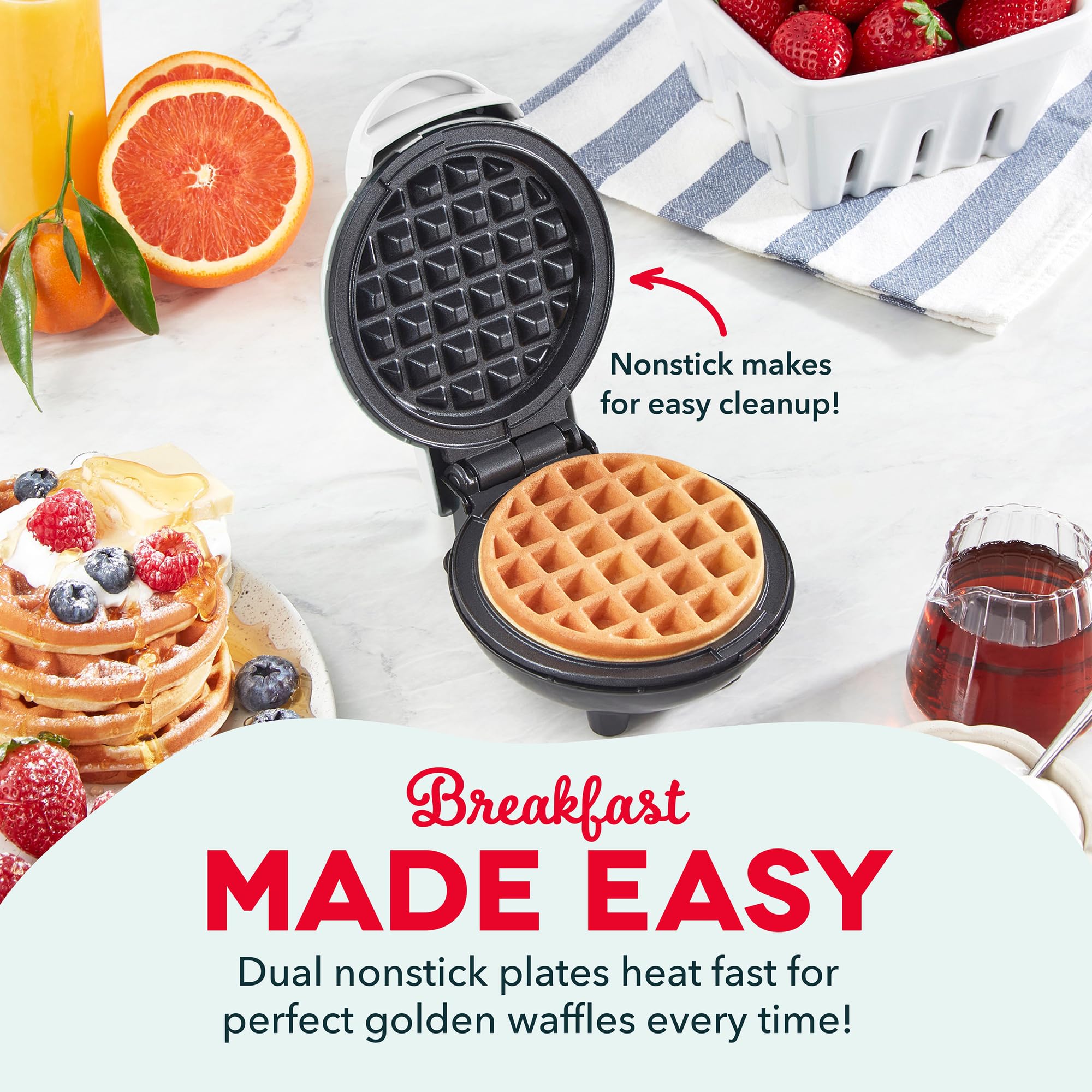 DASH Mini Waffle Maker batter sizzling during a quick breakfast for one.