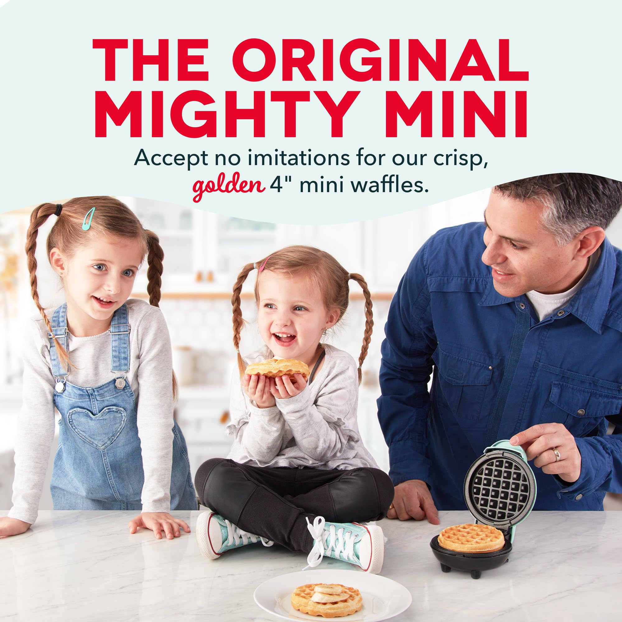 DASH Mini Waffle Maker on a counter highlighting compact size for small kitchens.