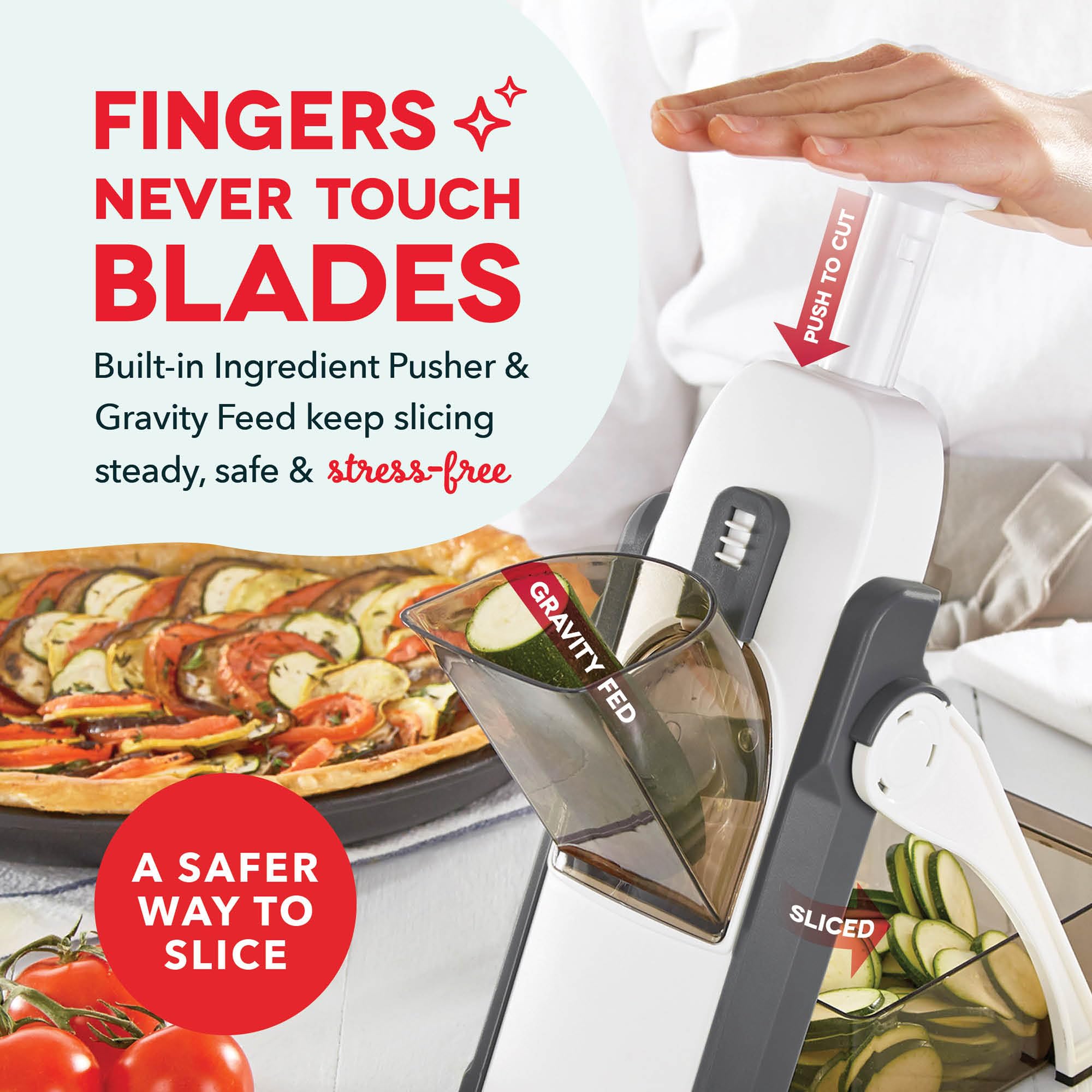 DASH Safe Slice grey folded for compact storage on a kitchen shelf.