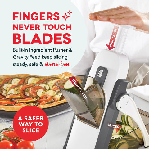 DASH Safe Slice grey folded for compact storage on a kitchen shelf.