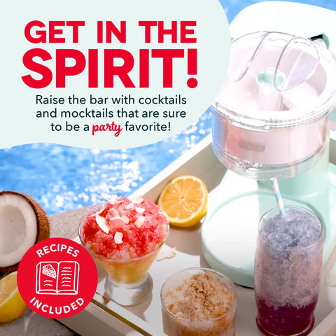 Dash Shaved Ice Maker includes recipe guide to craft own syrups and flavors.