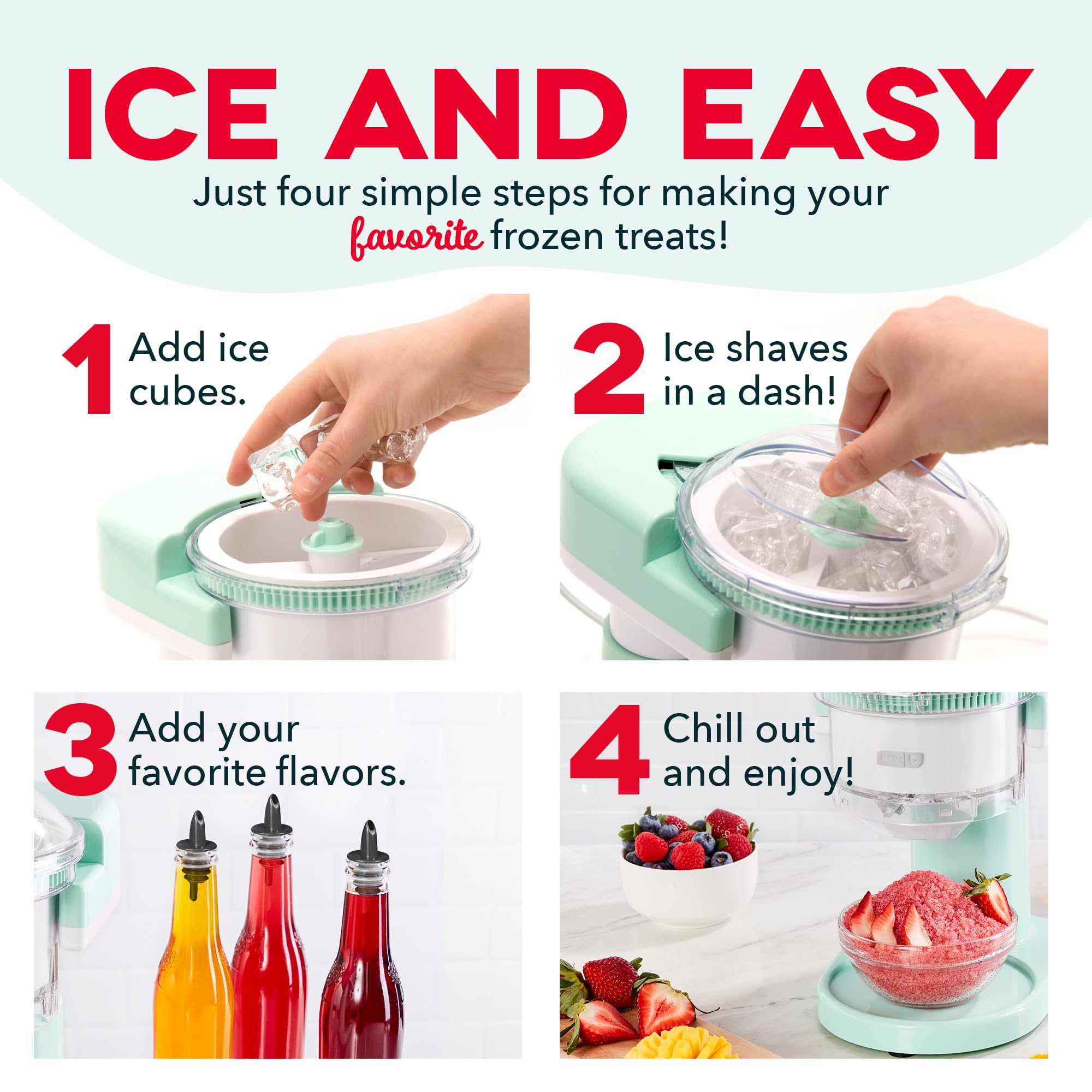Dash Shaved Ice Maker creating refreshing slushies, ideal for parties and quick cool-downs.