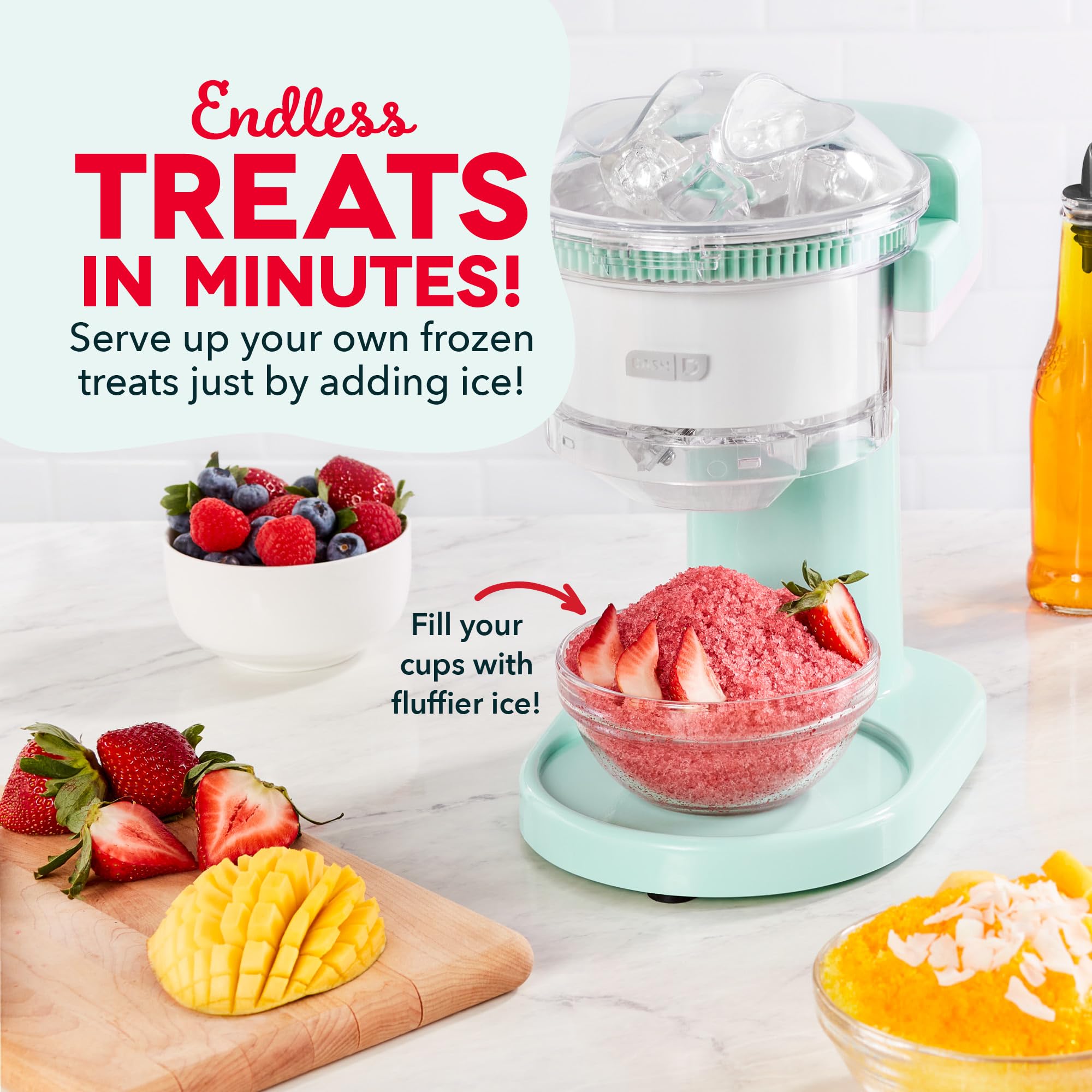 Dash Shaved Ice Maker with snow cone focus, perfect for family treats on hot days.