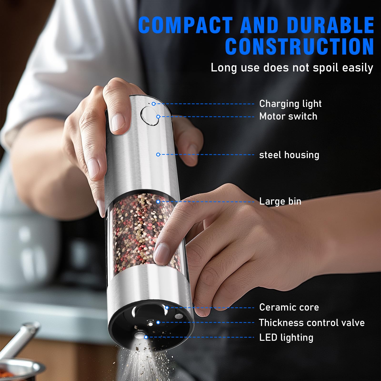 Soft LED light on Daslich grinders aids precise seasoning in low light