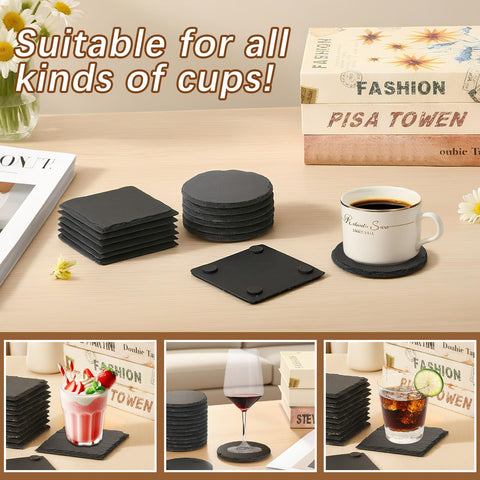 DASSNANE slate coaster closeup with anti-slip rubber pads ensuring stability.