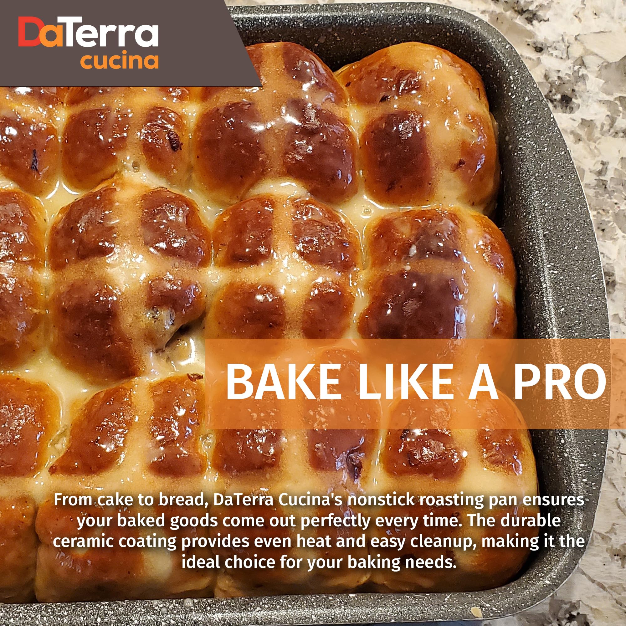 DaTerra Cucina high-heat pan withstands up to 600°F for robust roasting.