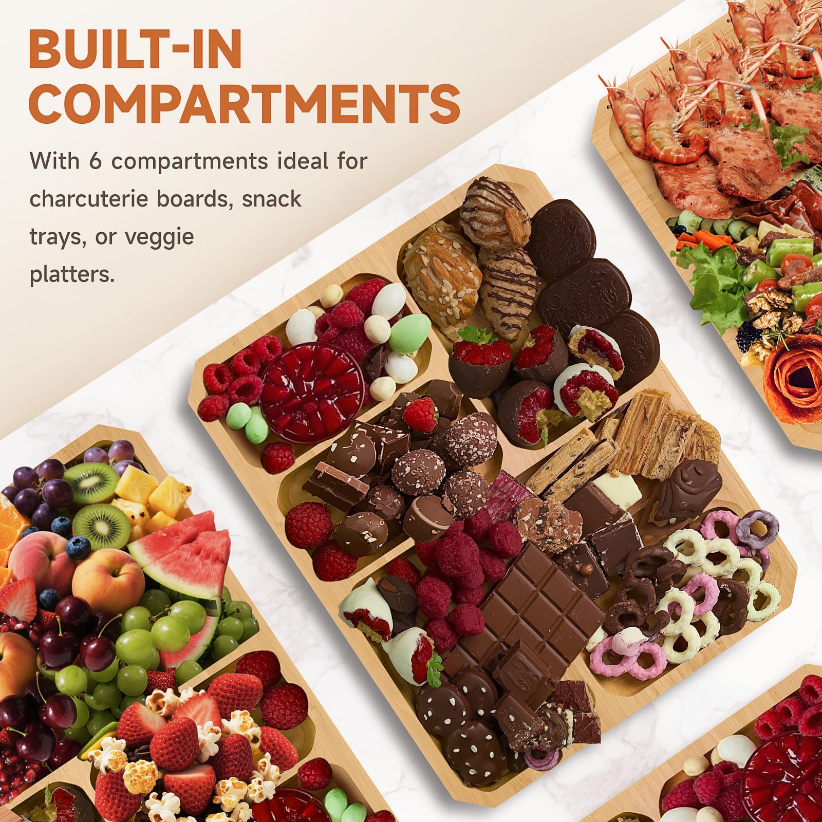 Datichee bamboo board with six compartments keeps cheeses, fruits, and snacks organized.