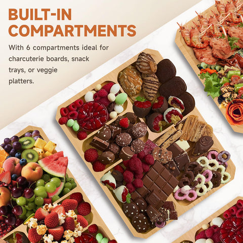 Datichee bamboo board with six compartments keeps cheeses, fruits, and snacks organized.