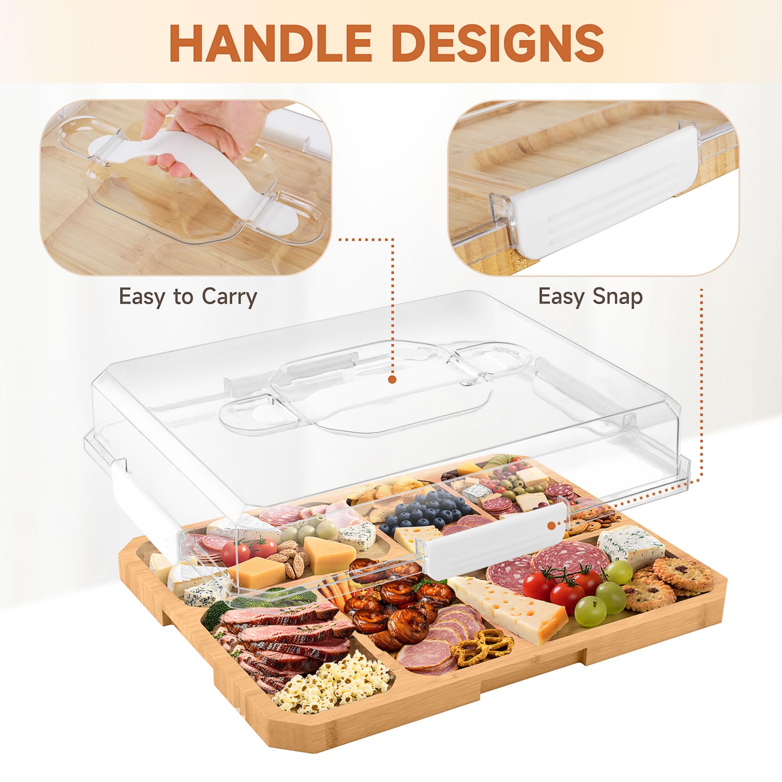 Datichee charcuterie container features a portable handle for easy transport.