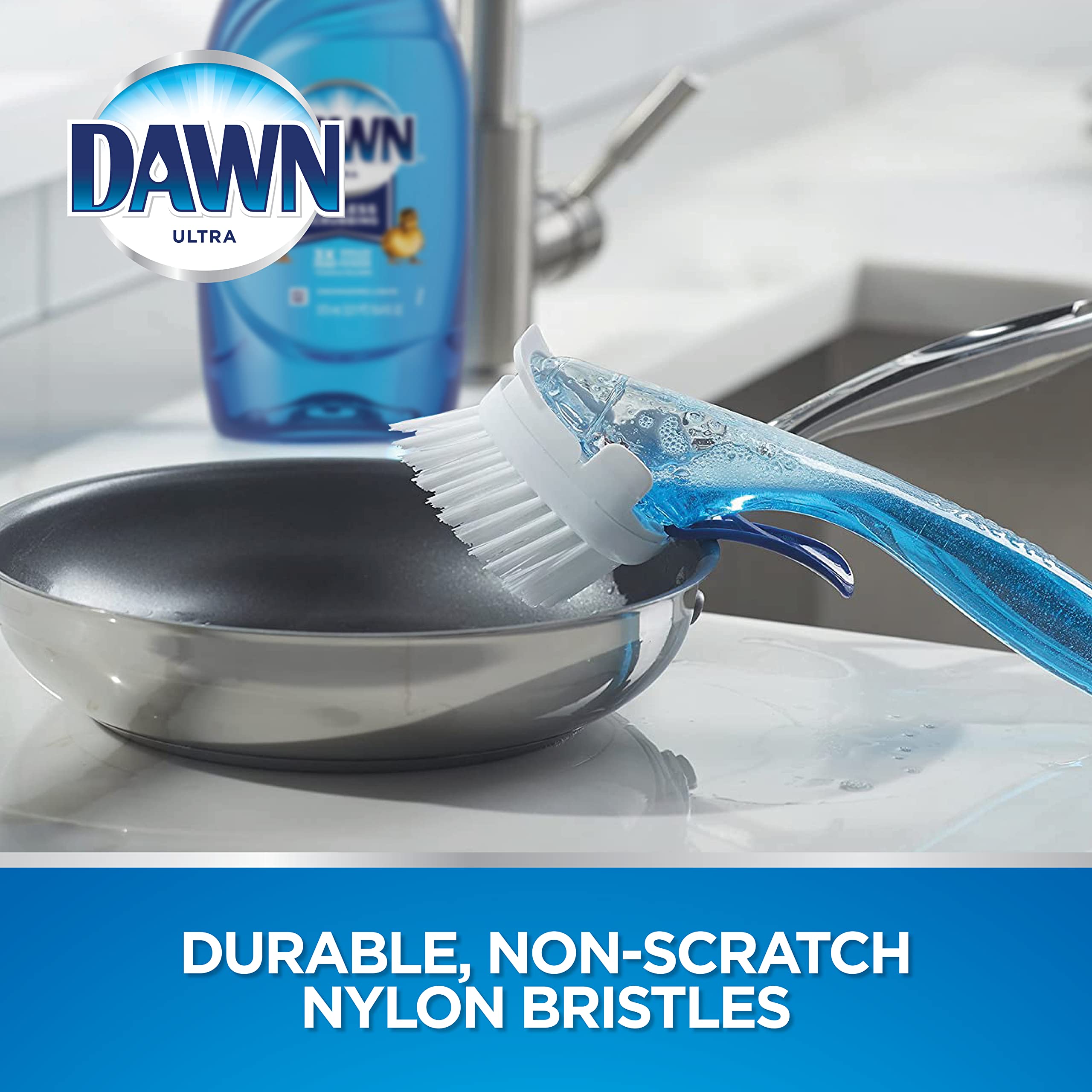 Dawn built-in scraper assists removing stuck food from cookware.