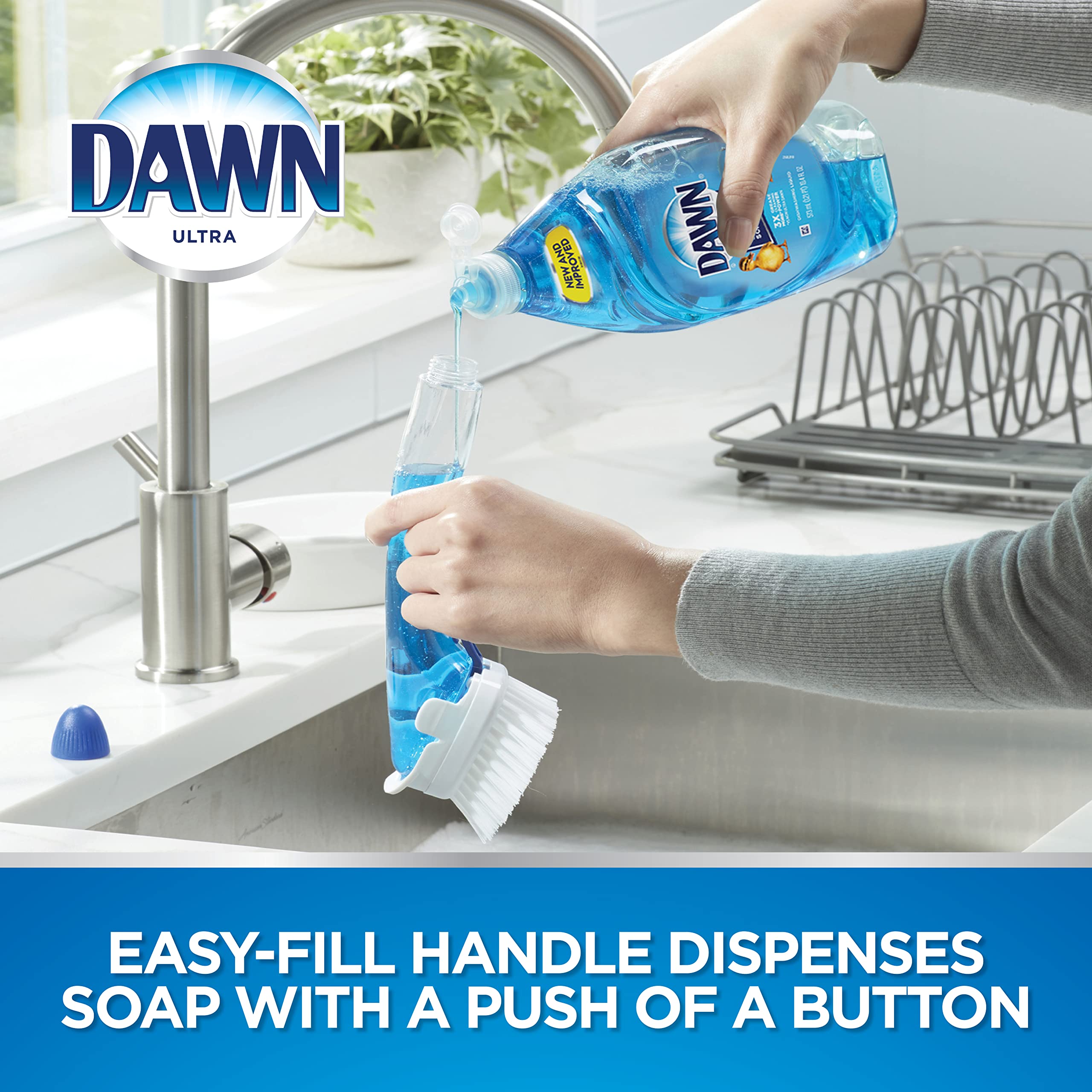 Dawn dish brush in use shows efficient cleaning with refillable soap option.