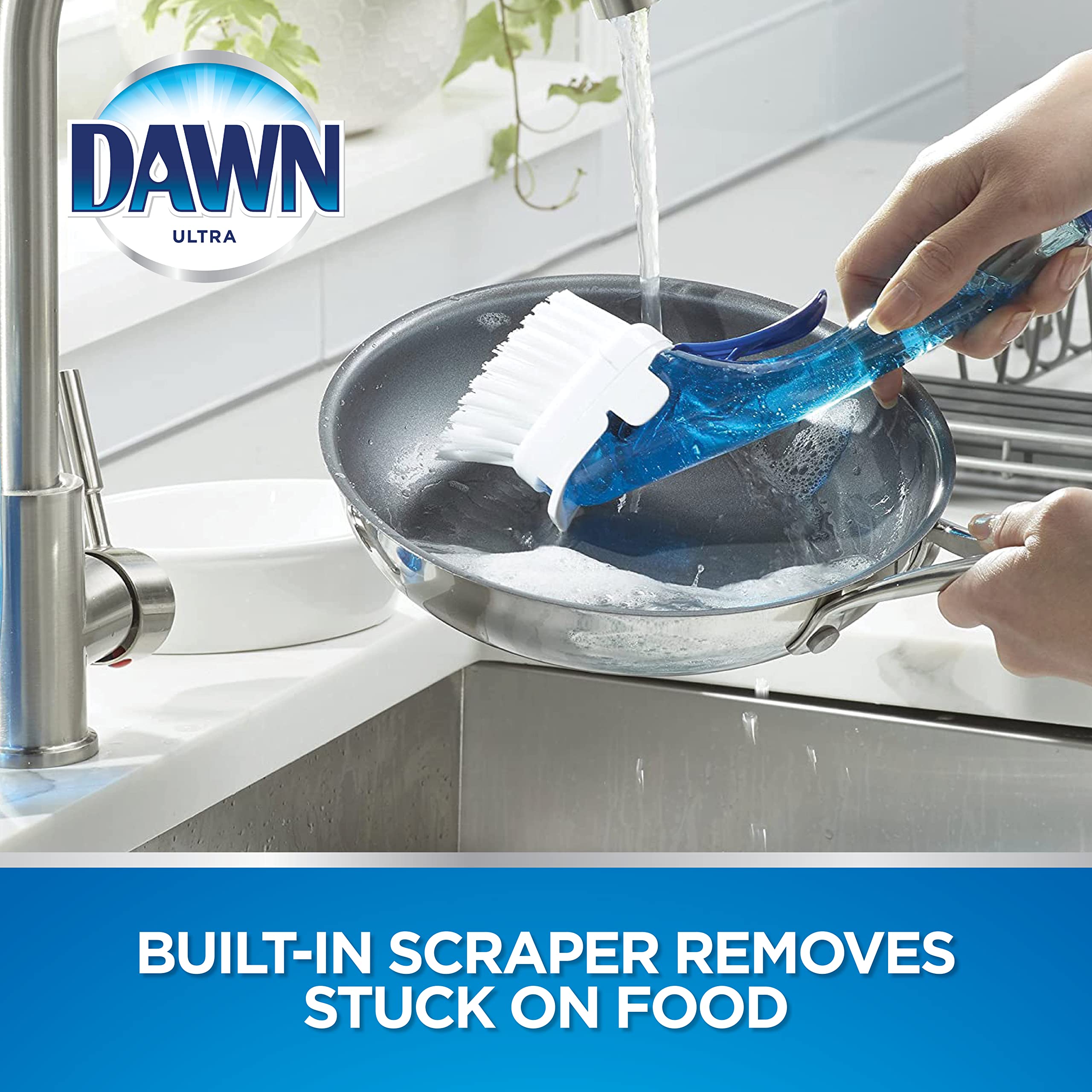 Dawn non-scratch bristles protect delicate pots and pans.