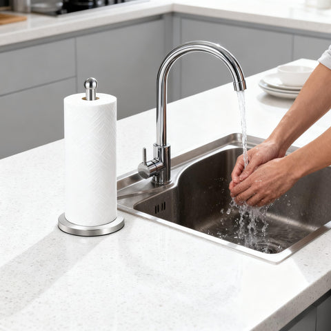 DAWNER brushed nickel finish complements modern kitchen decor.