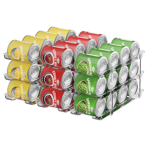 Dayacoco can organizer in pantry three-sets viewed from above for easy access to cans.