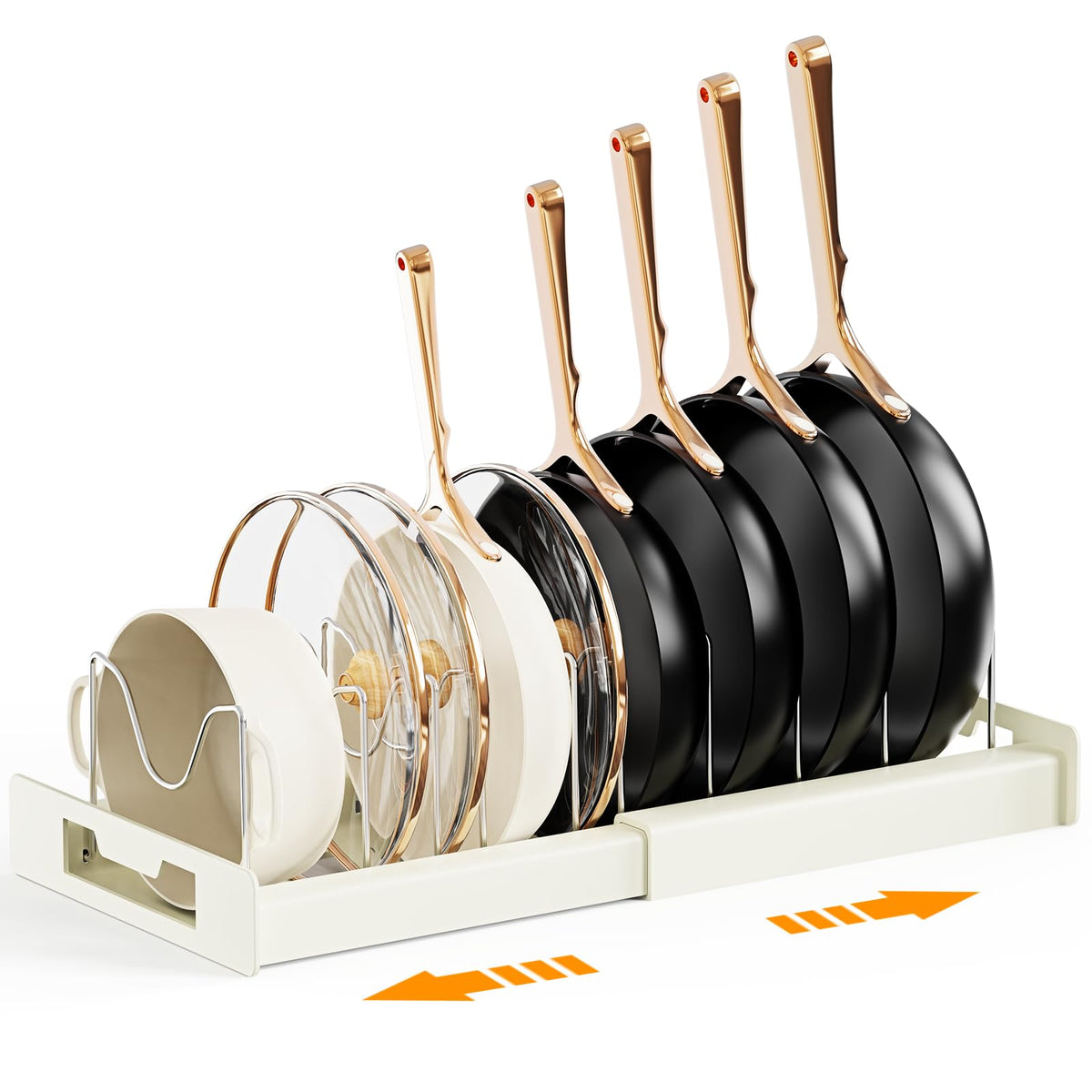 Dayacoco pots and pans organizer under cabinet keeps cookware within reach and neatly arranged.
