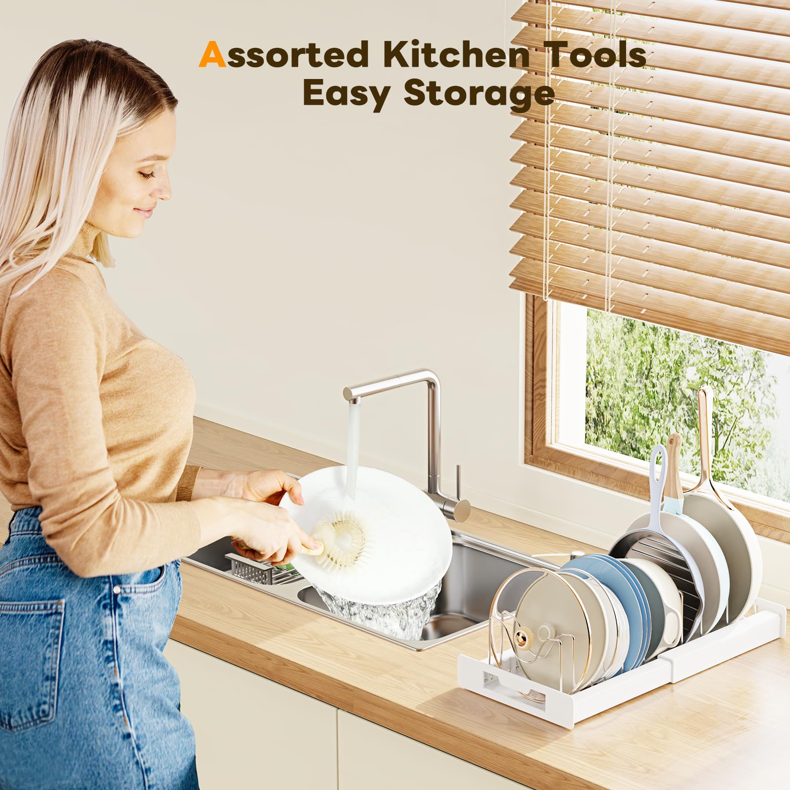 Dayacoco versatile cabinet storage holds pots pans lids and boards efficiently.