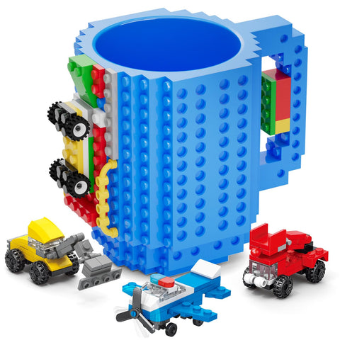 DAYMOO Build-on Brick Mug displays car and plane models on blue mug for playful mornings