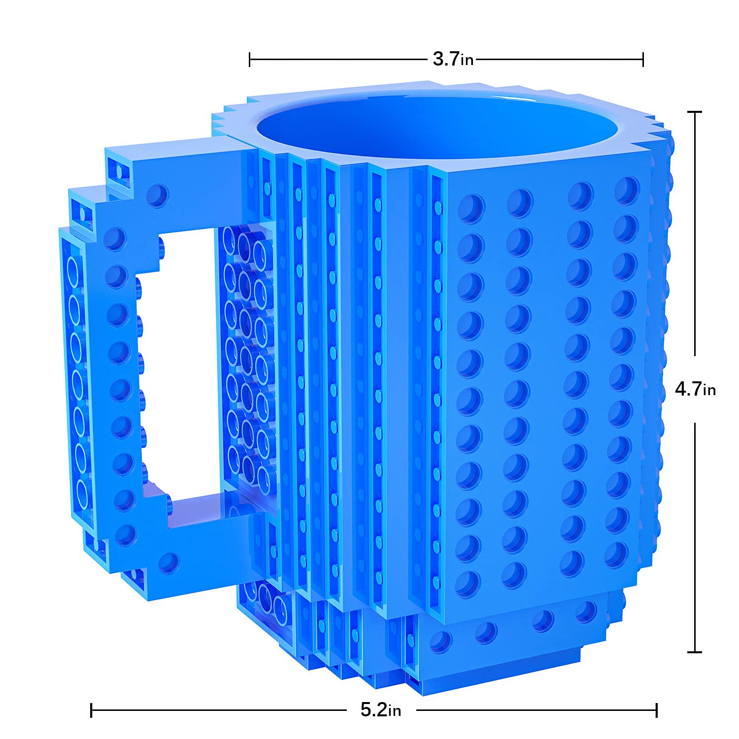 Blue DAYMOO mug with build-on brick surface for creative play