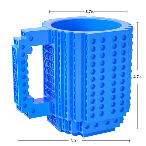 Blue DAYMOO mug with build-on brick surface for creative play