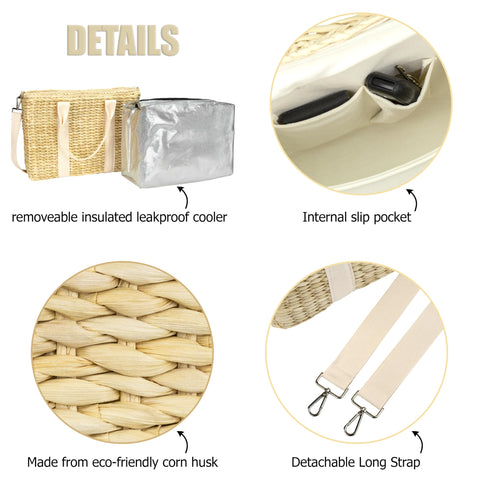 Daytani handwoven corn husk design adds natural style to the bag.