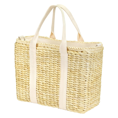 Daytani insulated beach cooler bag with corn-husk weave keeps drinks cold on the go.