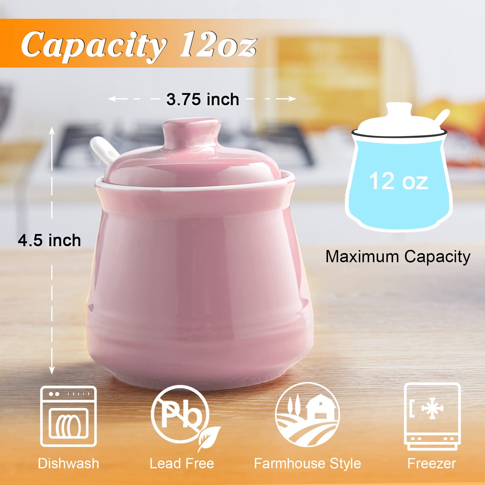 DAYYET ceramic sugar container in pink sits on the counter for easy filling.