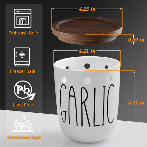DAYYET garlic keeper showing the acacia wood lid for light protection.