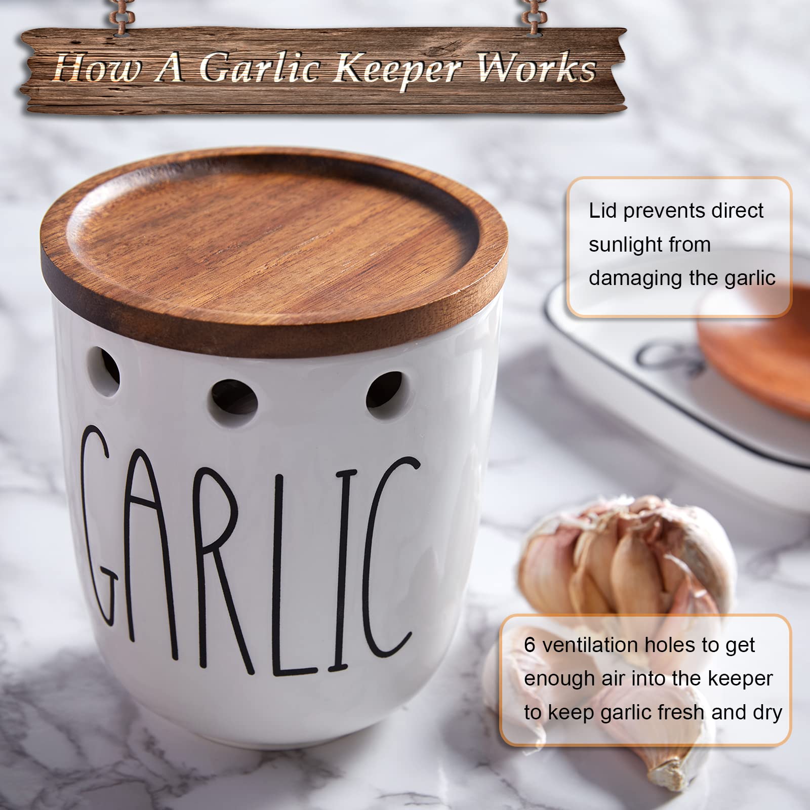 DAYYET white ceramic garlic keeper offers durable, plastic-free storage.