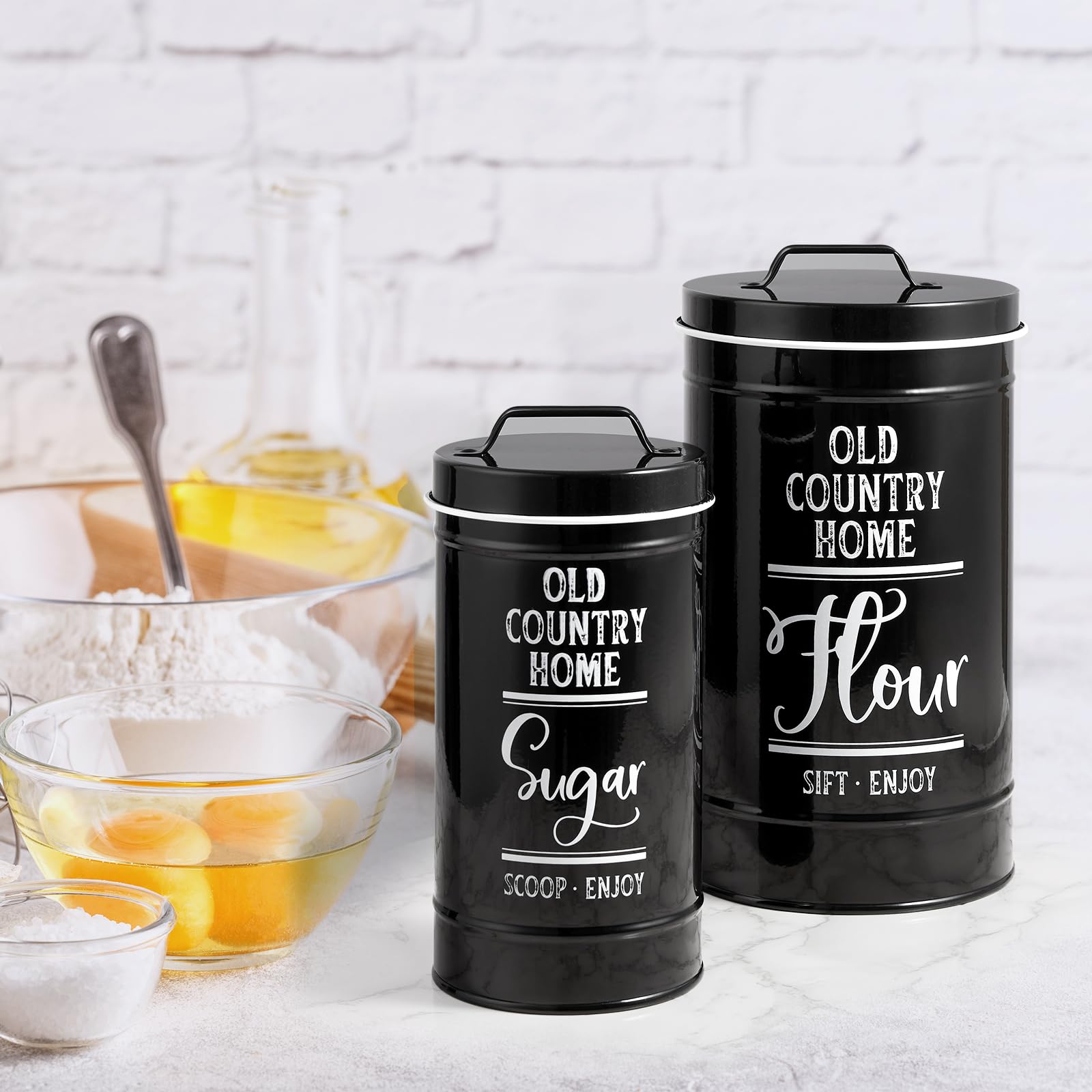 DAYYET kitchen countertop display with four black canisters in rustic-modern style