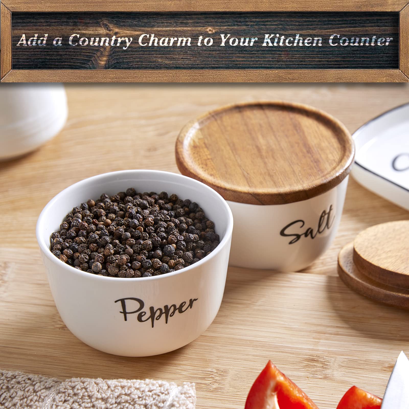 DAYYET 10 oz ceramic salt cellar with acacia wood lid helps keep moisture out.