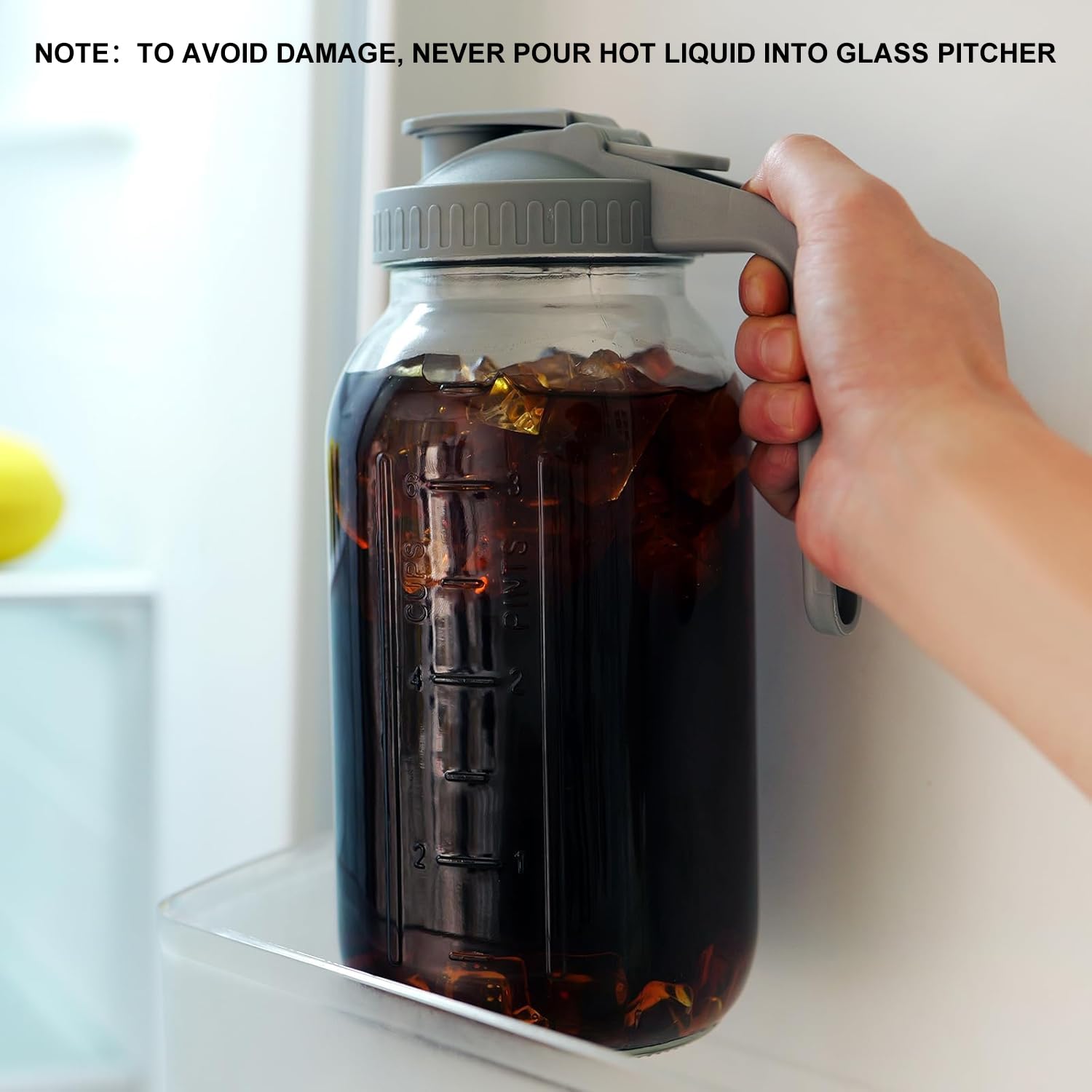 DAZHICN 64 oz pitcher with wide mouth for easy cleaning and adding ice.